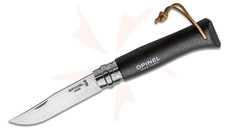 Opinel N08 Colorama Folding Knife 3.25 inch Sandvik 12C27 Plain Blade, Dark Brown Beechwood Handle, Leather Lanyard