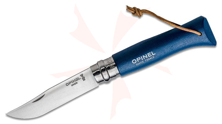 Opinel N08 Colorama Folding Knife 3.25 inch Sandvik 12C27 Plain Blade, Blue Beechwood Handle, Leather Lanyard