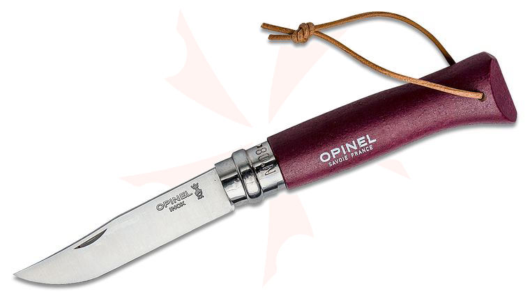 Opinel N08 Colorama Folding Knife 3.25 inch Sandvik 12C27 Plain Blade, Burgundy Beechwood Handle, Leather Lanyard