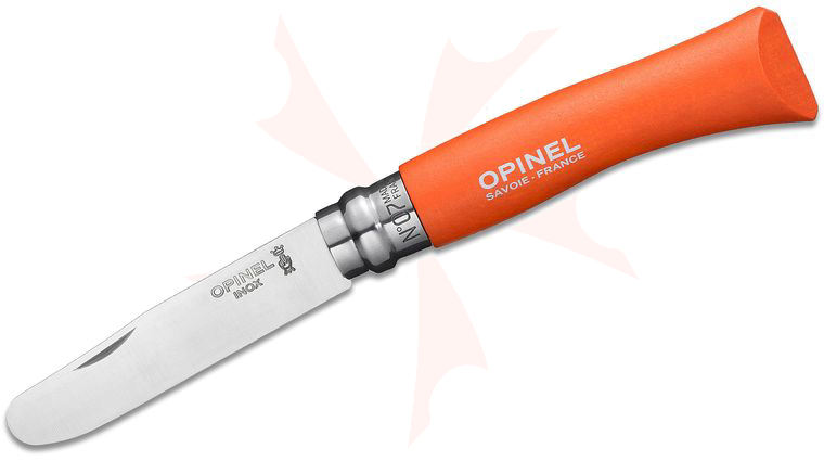 Opinel N07 Scouts Folding Knife 2.875 inch Sandvik 12C27 Blunt Tip Blade, Tangerine Beechwood Handle