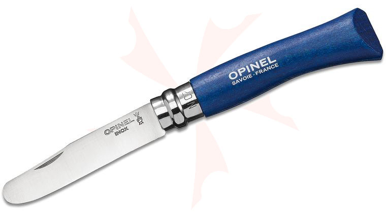 Opinel N07 Scouts Folding Knife 2.875 inch Sandvik 12C27 Blunt Tip Blade, Blue Beechwood Handle