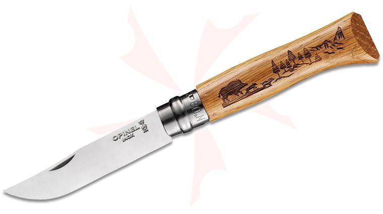 Opinel Animalia N08 Boar Folding Knife 3.25 inch Sandvik 12C27 Plain Blade, Engraved Oak Wood Handle