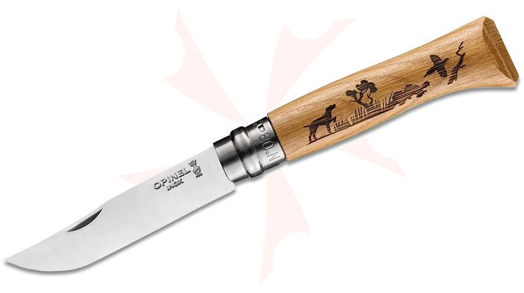 Opinel Animalia N08 Bird Dog Folding Knife 3.25 inch Sandvik 12C27 Plain Blade, Engraved Oak Wood Handle