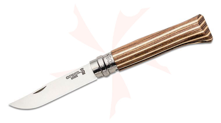 Opinel N08 Folding Knife 3.25 inch Sandvik 12C27 Plain Blade, Laminated Birch Wood Handle