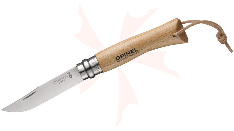 Opinel N07 Folding Knife 3.07 inch Sandvik 12C27 Plain Blade, Beechwood Handle, Leather Lanyard