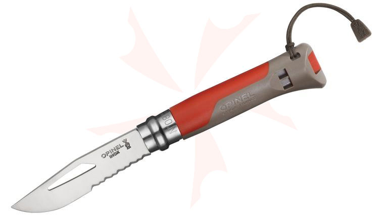 Opinel N08 Outdoor Folder 3.25 inch Sandvik 12C27 Combo Blade, Brown/Red Zytel Handle, Safety Whistle