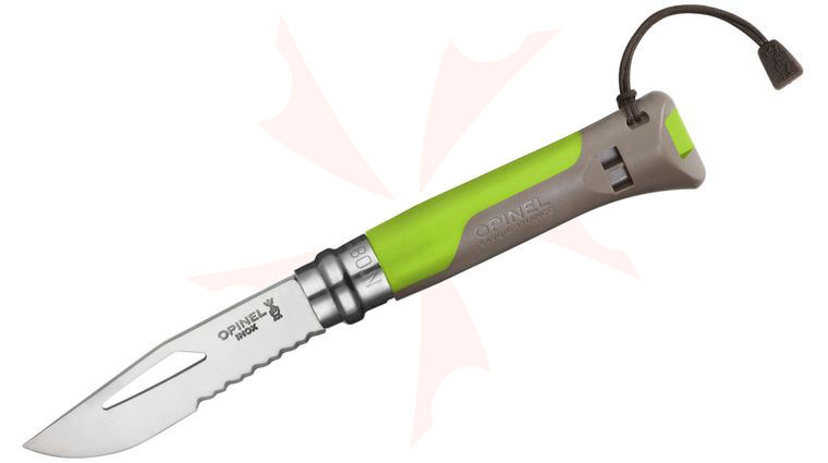 Opinel N08 Outdoor Folder 3.25 inch Sandvik 12C27 Combo Blade, Brown/Green Zytel Handle, Safety Whistle
