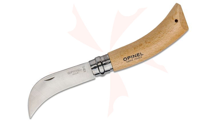 Opinel N08 Pruning Knife Folding 3.25 inch Sandvik 12C27 Hawkbill Blade, Beechwood Handle