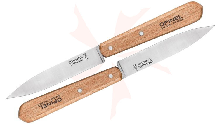 Opinel 2-Piece N0102 Paring Knife Set, 3.875 inch X90 Carbon Plain Blades, Beechwood Handles