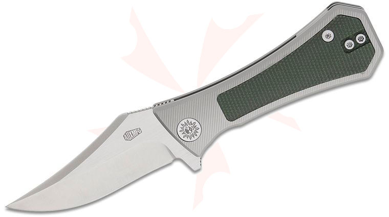 AUX MFG Pocket (Coffin) Bowie Frame Lock Flipper Knife 2.77 inch M390 Satin Bowie Blade, Micromilled Titanium Handles with Green Micarta Inlays, Reversible Clip