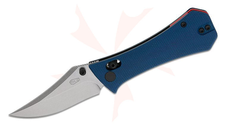 AUX MFG Pocket (Coffin) Bowie Crossbar Lock Folding Knife 2.875 inch 14C28N Stonewashed Bowie Blade, Blue Micarta Handles, Reversible Deep Carry Clip