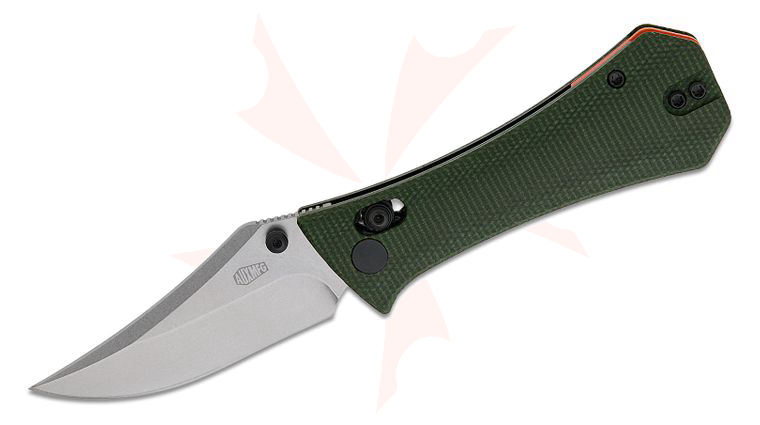 AUX MFG Pocket (Coffin) Bowie Crossbar Lock Folding Knife 2.875 inch 14C28N Stonewashed Bowie Blade, Green Micarta Handles, Reversible Deep Carry Clip