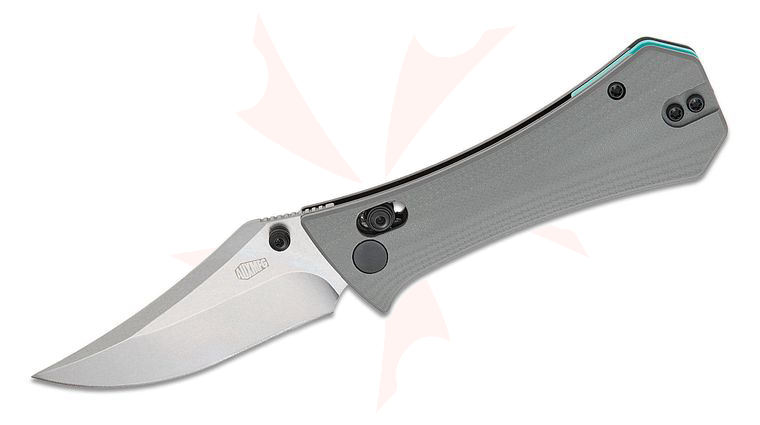 AUX MFG Pocket (Coffin) Bowie Crossbar Lock Folding Knife 2.875 inch 14C28N Stonewashed Bowie Blade, Gray G10 Handles, Reversible Deep Carry Clip