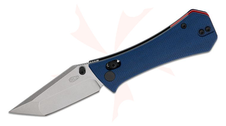 AUX MFG Coffin Tanto Crossbar Lock Folding Knife 2.875 inch 14C28N Stonewashed Compound Tanto Blade, Blue Micarta Handles, Reversible Deep Carry Clip