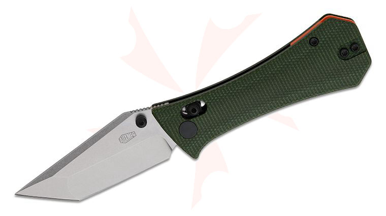 AUX MFG Coffin Tanto Crossbar Lock Folding Knife 2.875 inch 14C28N Stonewashed Compound Tanto Blade, Green Micarta Handles, Reversible Deep Carry Clip