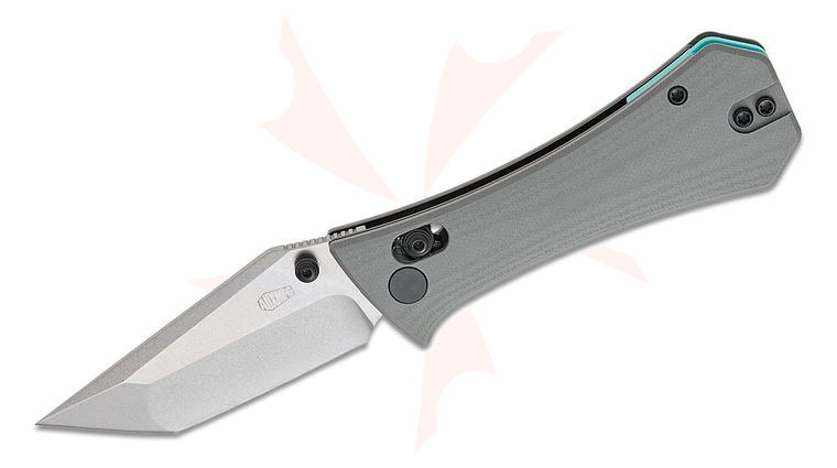 AUX MFG Coffin Tanto Crossbar Lock Folding Knife 2.875 inch 14C28N Stonewashed Compound Tanto Blade, Gray G10 Handles, Reversible Deep Carry Clip