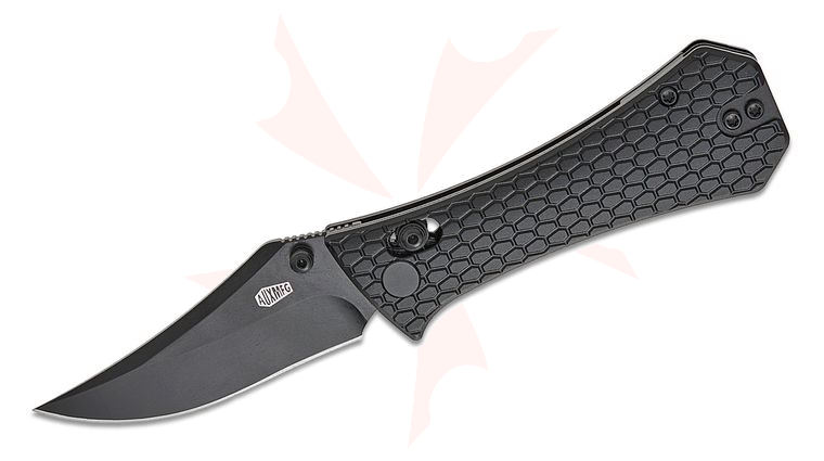 AUX MFG Pocket (Coffin) Bowie Crossbar Lock Folding Knife 2.875 inch 14C28N Black PVD Bowie Blade, Machined Black Aluminum Handles, Reversible Deep Carry Clip