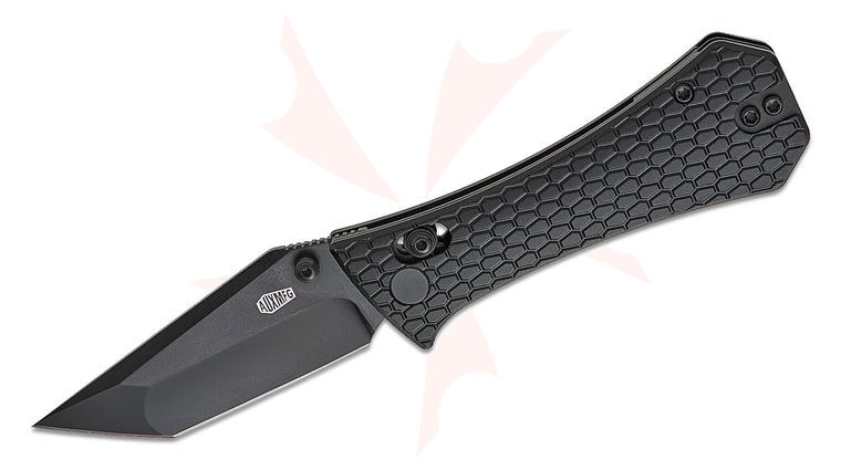 AUX MFG Coffin Tanto Crossbar Lock Folding Knife 2.875 inch 14C28N Black PVD Compound Tanto Blade, Machined Black Aluminum Handles, Reversible Deep Carry Clip