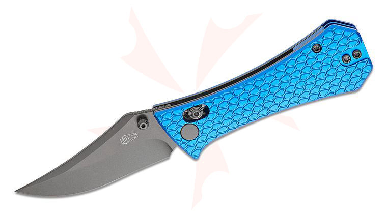 AUX MFG Pocket (Coffin) Bowie Crossbar Lock Folding Knife 2.875 inch 14C28N Gray PVD Bowie Blade, Machined Blue Aluminum Handles, Reversible Deep Carry Clip