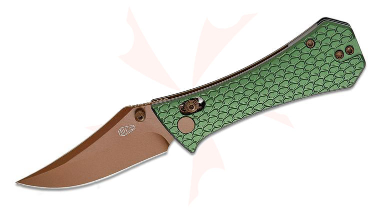 AUX MFG Pocket (Coffin) Bowie Crossbar Lock Folding Knife 2.875 inch 14C28N Rose Gold PVD Bowie Blade, Machined Green Aluminum Handles, Reversible Deep Carry Clip