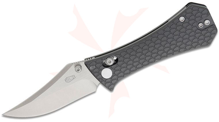 AUX MFG Pocket (Coffin) Bowie Crossbar Lock Folding Knife 2.875 inch 14C28N Stonewashed Bowie Blade, Machined Gray Aluminum Handles, Reversible Deep Carry Clip