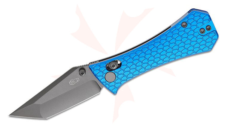 AUX MFG Coffin Tanto Crossbar Lock Folding Knife 2.875 inch 14C28N Gray PVD Compound Tanto Blade, Machined Blue Aluminum Handles, Reversible Deep Carry Clip