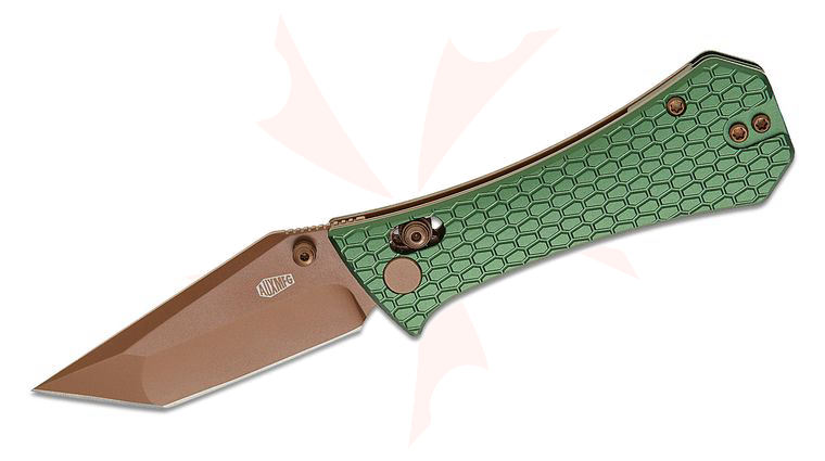 AUX MFG Coffin Tanto Crossbar Lock Folding Knife 2.875 inch 14C28N Rose Gold PVD Compound Tanto Blade, Machined Green Aluminum Handles, Reversible Deep Carry Clip