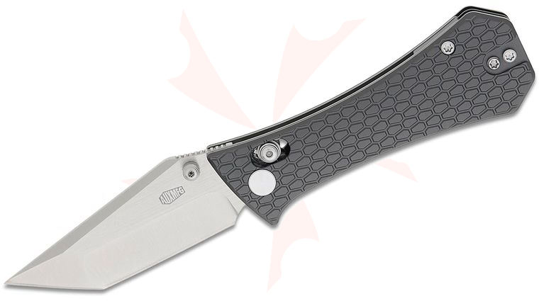 AUX MFG Coffin Tanto Crossbar Lock Folding Knife 2.875 inch 14C28N Stonewashed Compound Tanto Blade, Machined Gray Aluminum Handles, Reversible Deep Carry Clip