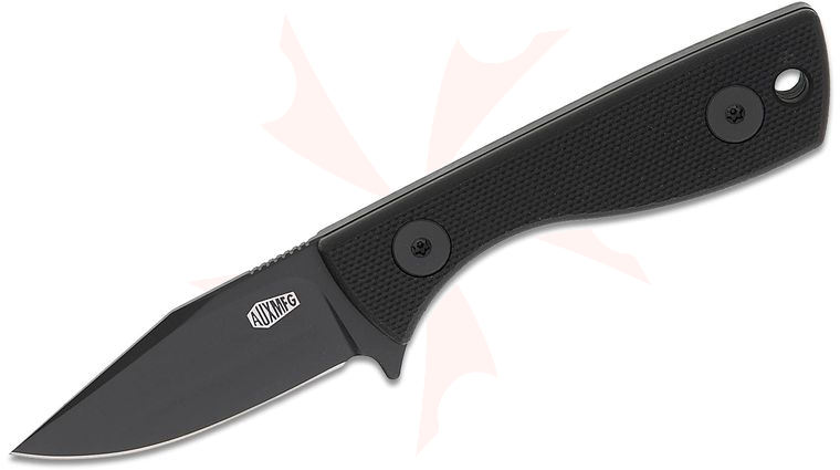 AUX MFG Runt Fixed Blade Neck Knife 2 inch 14C28N Black PVD Clip Point Blade, Black G10 Handles, Kydex Sheath