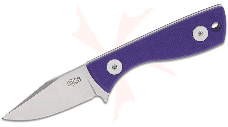 AUX MFG Runt Fixed Blade Neck Knife 2 inch 14C28N Stonewashed Clip Point Blade, Purple G10 Handles, Kydex Sheath