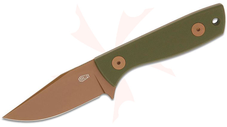AUX MFG Runt XL Fixed Blade Knife 3 inch 14C28N Rose PVD Clip Point Blade, Green G10 Handles, Kydex Sheath