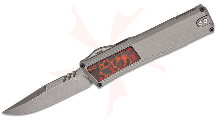 Axial USA Shift V3 OTF AUTO Knife 3.4 inch CPM-MagnaCut Stonewashed Clip Point Blade, Gray Ti Cerakote Aluminum Handles with Mars Valley FatCarbon Inlays, Reversible Clip