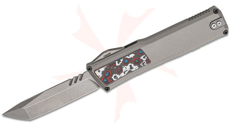 Axial USA Shift V3 OTF AUTO Knife 3.4 inch CPM-MagnaCut Stonewashed Tanto Blade, Gray Ti Cerakote Aluminum Handles with Nebula FatCarbon Inlays, Reversible Clip