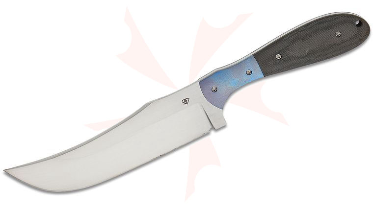 Aaron Frederick Custom Saber Fixed Blade Knife 5.3 inch CPM-154 Hand Rubbed Satin Trailing Point Blade, Black G10 Handles with Blue Titanium Bolsters, Leather Sheath
