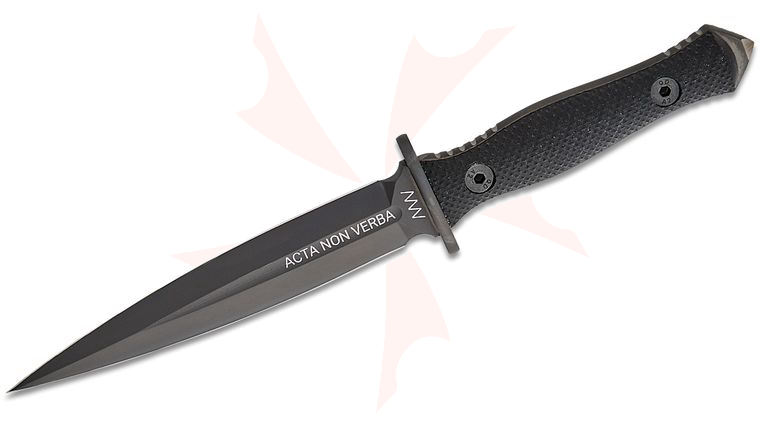 Acta Non Verba M500 Kamba Fixed Blade Knife 5.83 inch Elmax Black DLC Double Edge Dagger, Black G10 Handles, Black Kydex Sheath