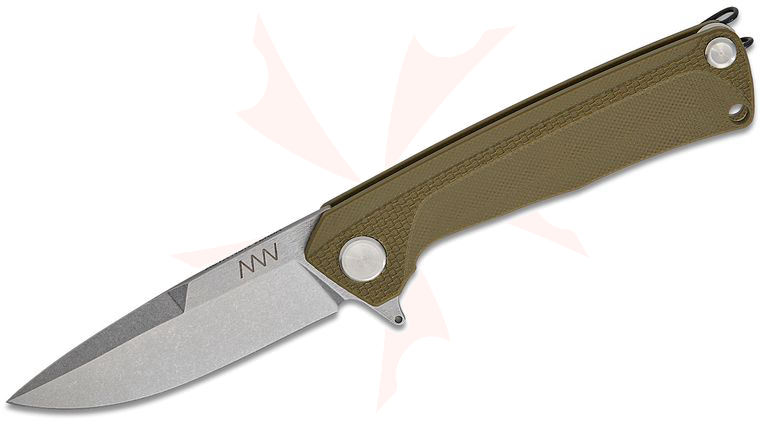 Acta Non Verba Z100 BB Liner Lock Flipper Knife 3.3 inch Sleipner Stonewash Drop Point Blade, Olive G10 Handles