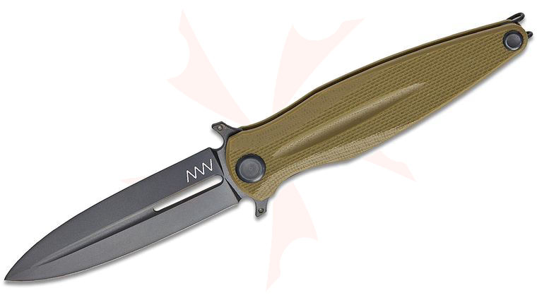 Acta Non Verba Z400 Liner Lock Flipper Knife 4 inch Sleipner Black DLC Single-Edge Dagger Blade, Olive G10 Handles