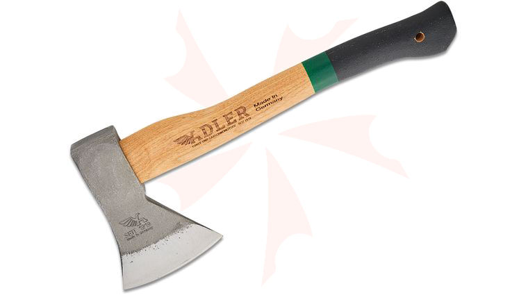 Adler The Rheinland Hatchet, 14 inch Overall, American Hickory Handle with Anti Slip Coating, Green Stripe, Leather Sheath