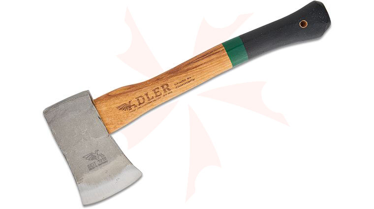 Adler The Yankee Hatchet, 15 inch Overall, American Hickory Handle with Anti Slip Coating, Green Stripe, Leather Sheath