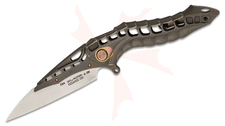 Andre De Villiers Knives Production Alien Flipper Knife 3.375 inch Replaceable M390 Blade with Bronze Frame, Bronze Integral Milled Titanium Handle