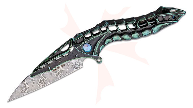 Andre De Villiers Knives Production Alien Flipper Knife 3.375 inch Replaceable Damascus Blade with Darkened Green Frame, Darkened Green Integral Milled Titanium Handle