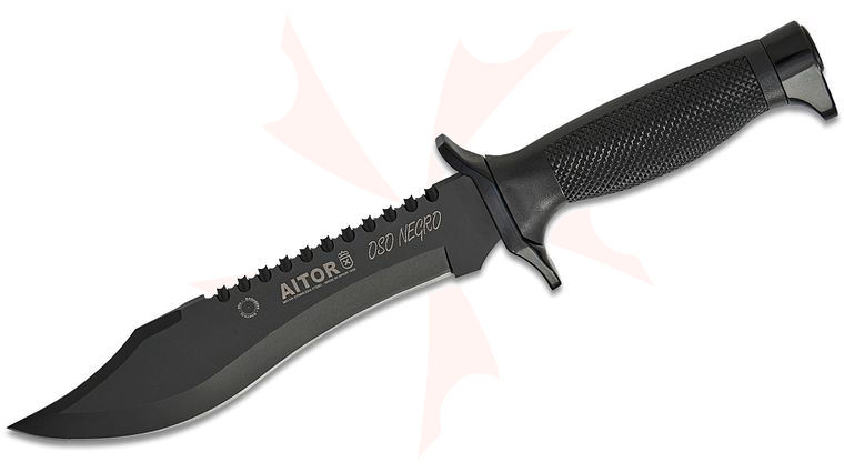 AITOR Oso Negro Fixed 7.25 inch Black Sawback Blade, Black Polymer Handle and Hard Nylon Sheath