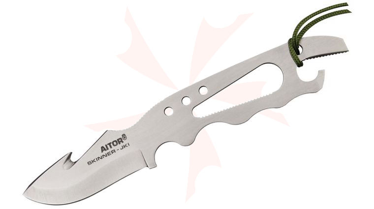 AITOR JKI Skeletal Skinner Fixed 2-5/8 inch Satin Plain Blade with Guthook, Nylon Sheath