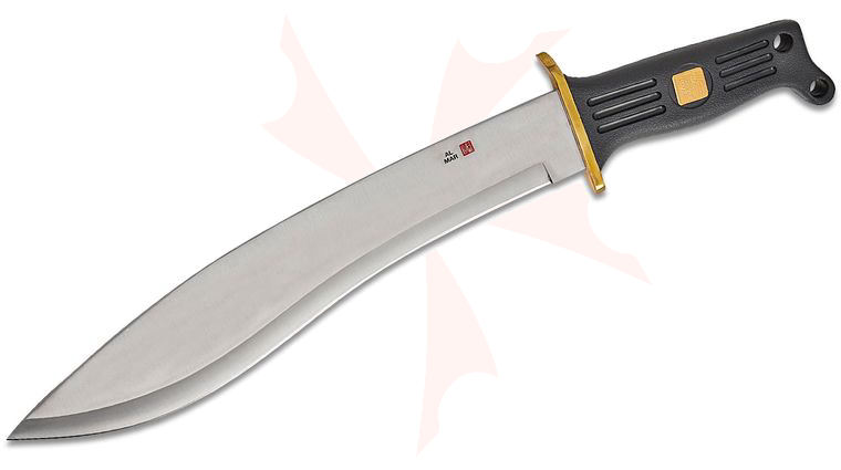 Al Mar Japan Vintage Pathfinder Quest I Fixed Blade Knife 13.75 inch Satin Kukri Blade, Black Polymer Handles with Brass Guard, Leather Sheath