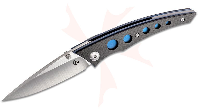Alliance Designs Jeremy Marsh Chisel Folding Knife 3.25 inch M390 Drop Point Blade, Carbon Fiber Handles with Blue Titanium Liners