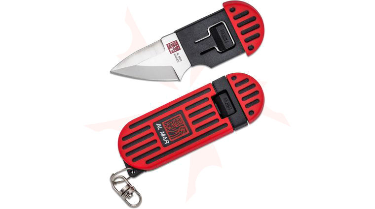 Al Mar Stinger Keychain Knife 1.3 inch D2 Drop Point, Red & Black TPR Handle, TPR Sheath