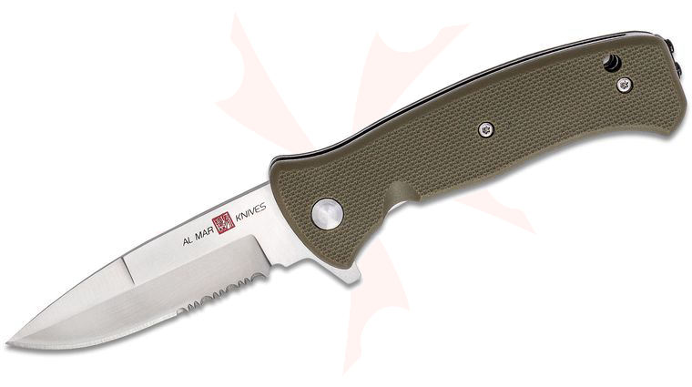 Al Mar Mini SERE 2020 Assisted Flipper Knife 3 inch 8Cr13MoV Satin Combo Talon Drop Point, OD Green FRN Handles