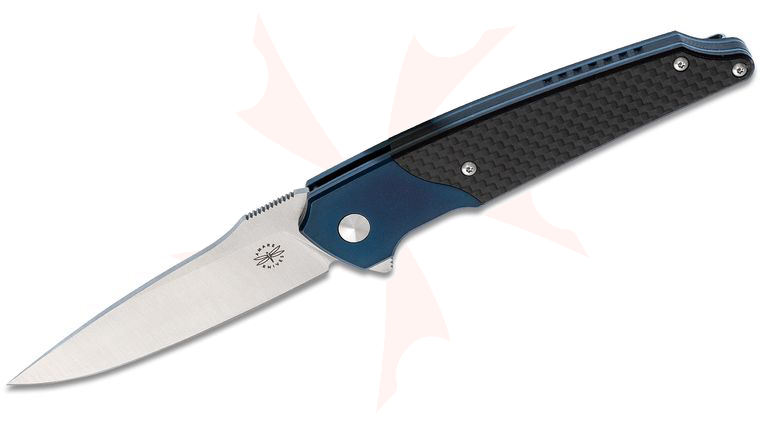 Amare Knives Pocket Peak Flipper Knife 3.5 inch Sandvik 14C28N Satin Drop Point Blade, Carbon Fiber Handles w/ Blue Anodized Stainless Steel Bolsters