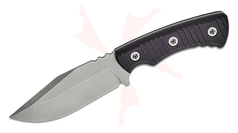 American Tomahawk Company Scout Fixed Blade Knife 4.75 inch Nitro-V Stonewashed Clip Point Blade, Milled Black G10 Handles, Black Kydex Sheath