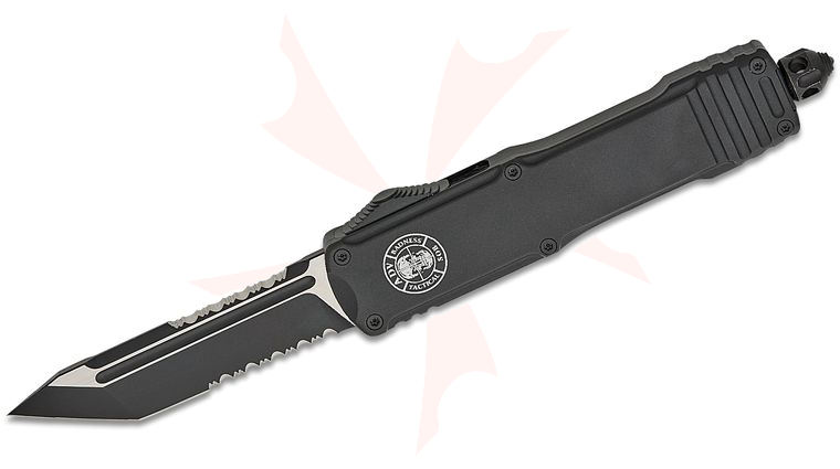 Andre De Villiers Knives/Backup Tactical Stinger OTF AUTO Knife 3.625 inch S35VN Black Tanto Sawback Combo Blade, Black Aluminum Handles